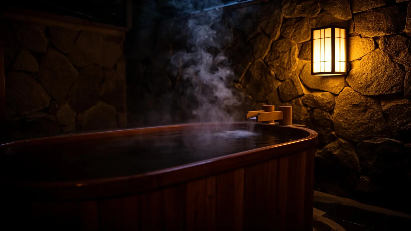 A wooden soaking tub in a stone-walled room, lit by a single warm lantern