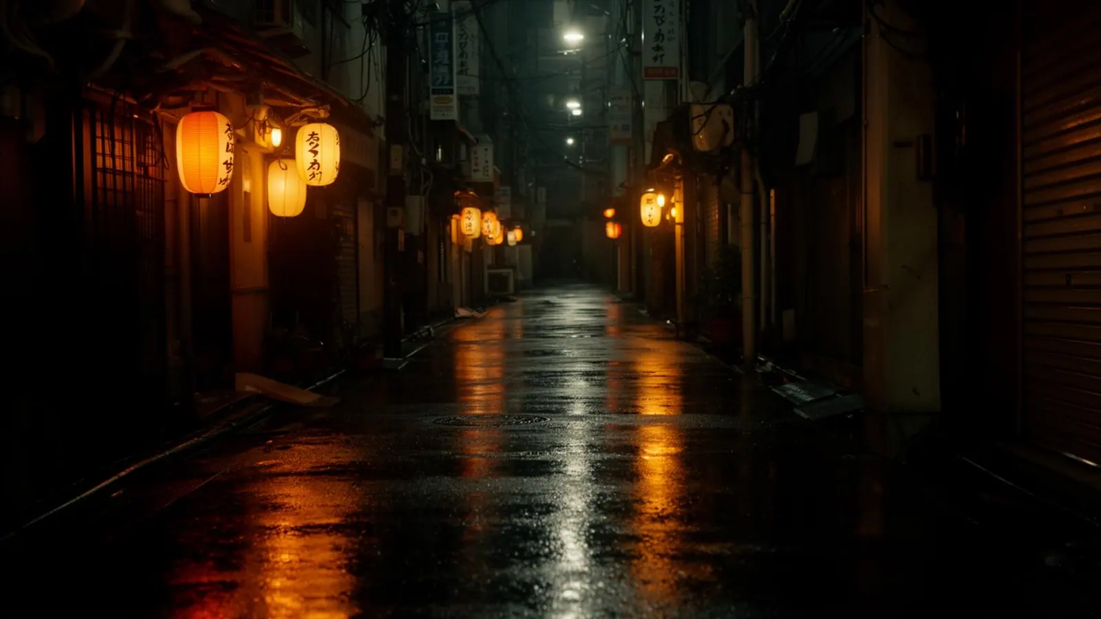 A rainy alley reflecting the warm glow of paper lanterns