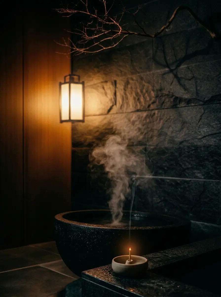 A dark stone basin with rising steam beside a paper lantern