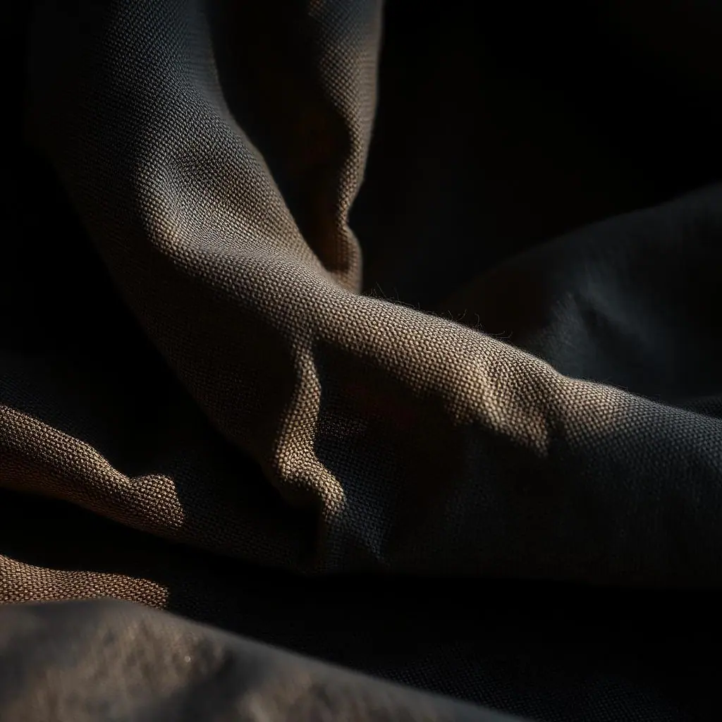 Folds of dark linen catching warm light